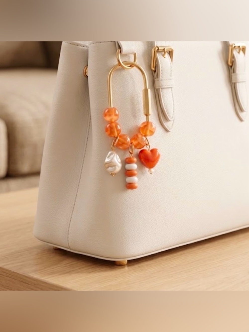 Orange Beaded Carabiner Bag Charm Keychain with Heart & Faux Pearl TX Longhorns